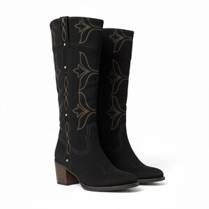 SESTO MEUCCI Black Suede Embroidered Block Heel Western Boots 7.5 M Italy Boho